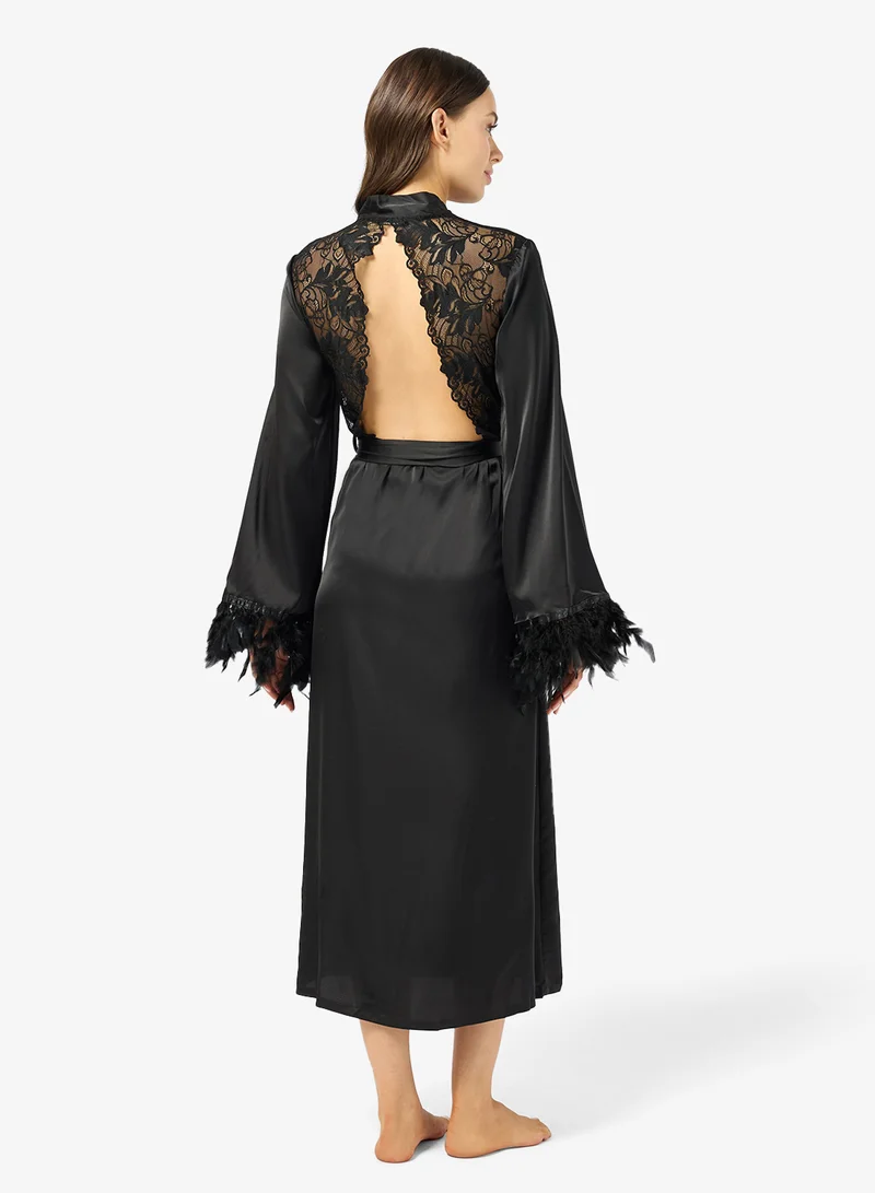جينجر Satin Robe with Feather Sleeves